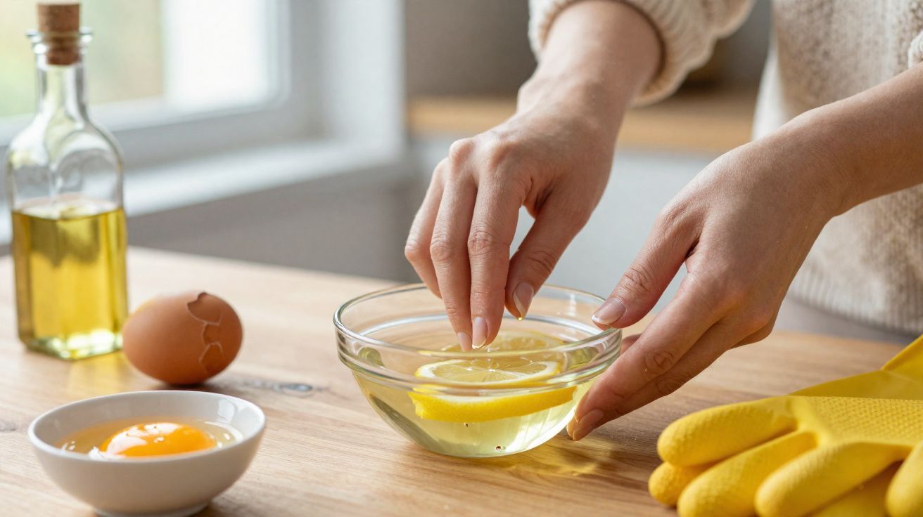 Mãos femininas mergulhando dedo em bowl com água e limão, com ovos e óleo sobre mesa de madeira.