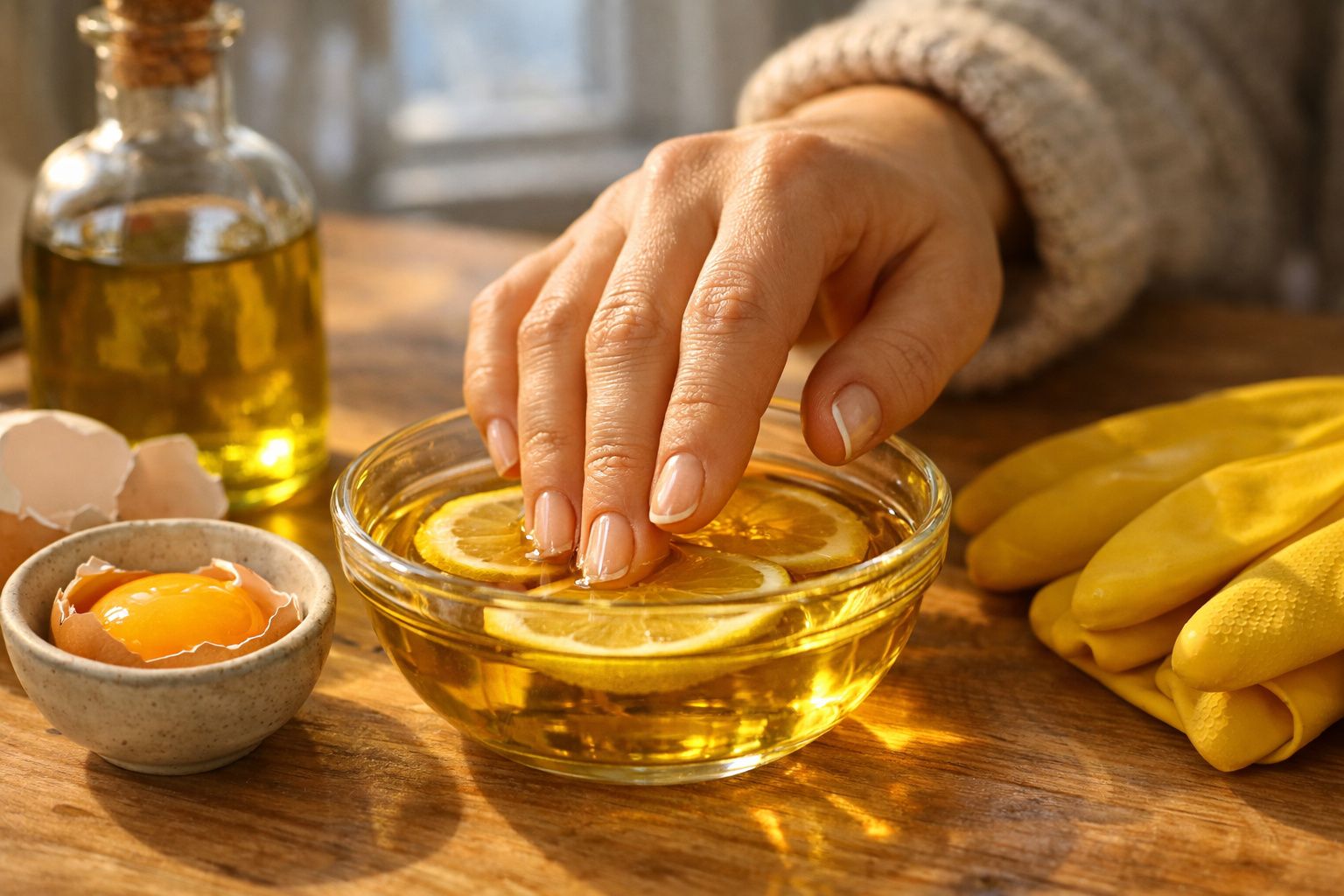 Mão feminina mergulhando em tigela com fatias de limão e líquido amarelo, ao lado, gema de ovo e luvas amarelas.