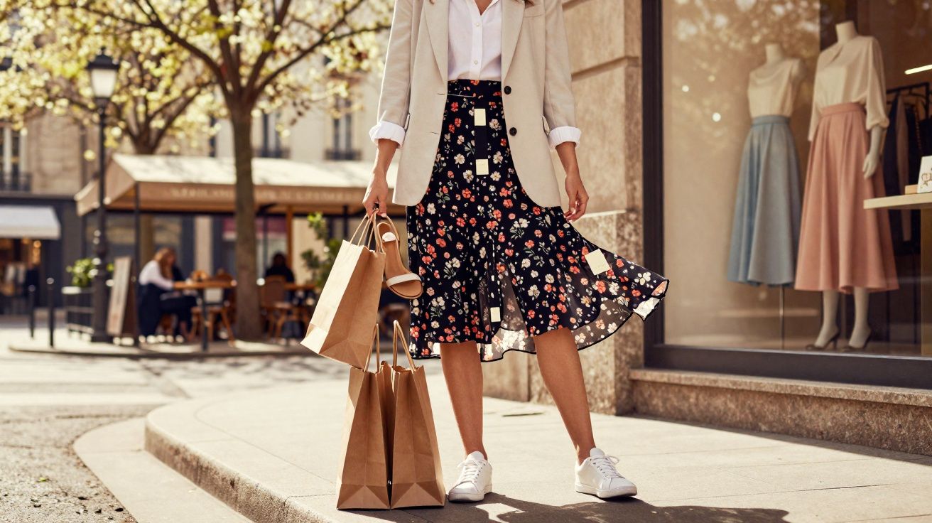Mulher segurando sacolas de compras e um par de sapatos, vestindo saia florida e blazer bege.