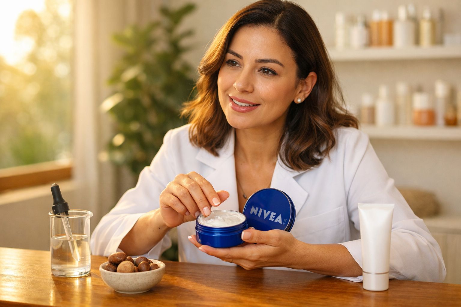 Mulher com jaleco branco aplicando creme Nivea azul, sentada em mesa com frascos e plantas ao fundo.