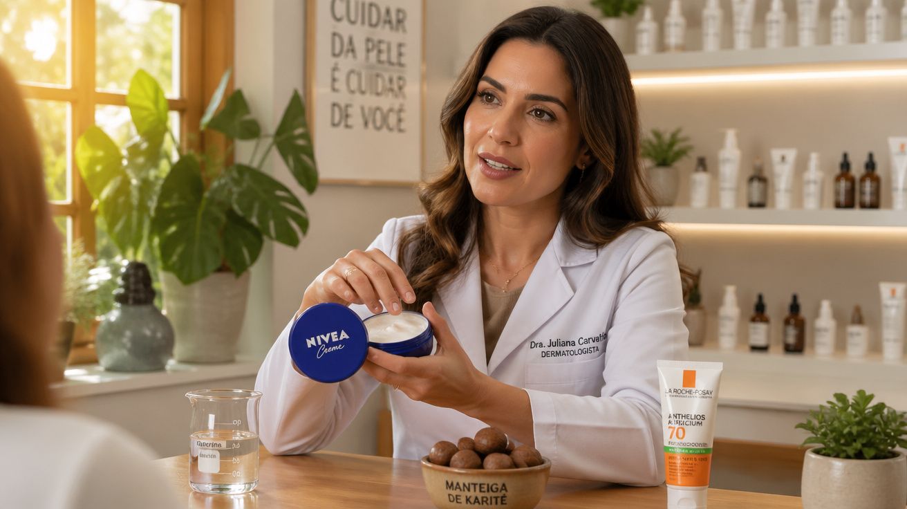 Dermatologista em consultório explicando uso de creme Nivea para paciente com produtos de skincare ao fundo.