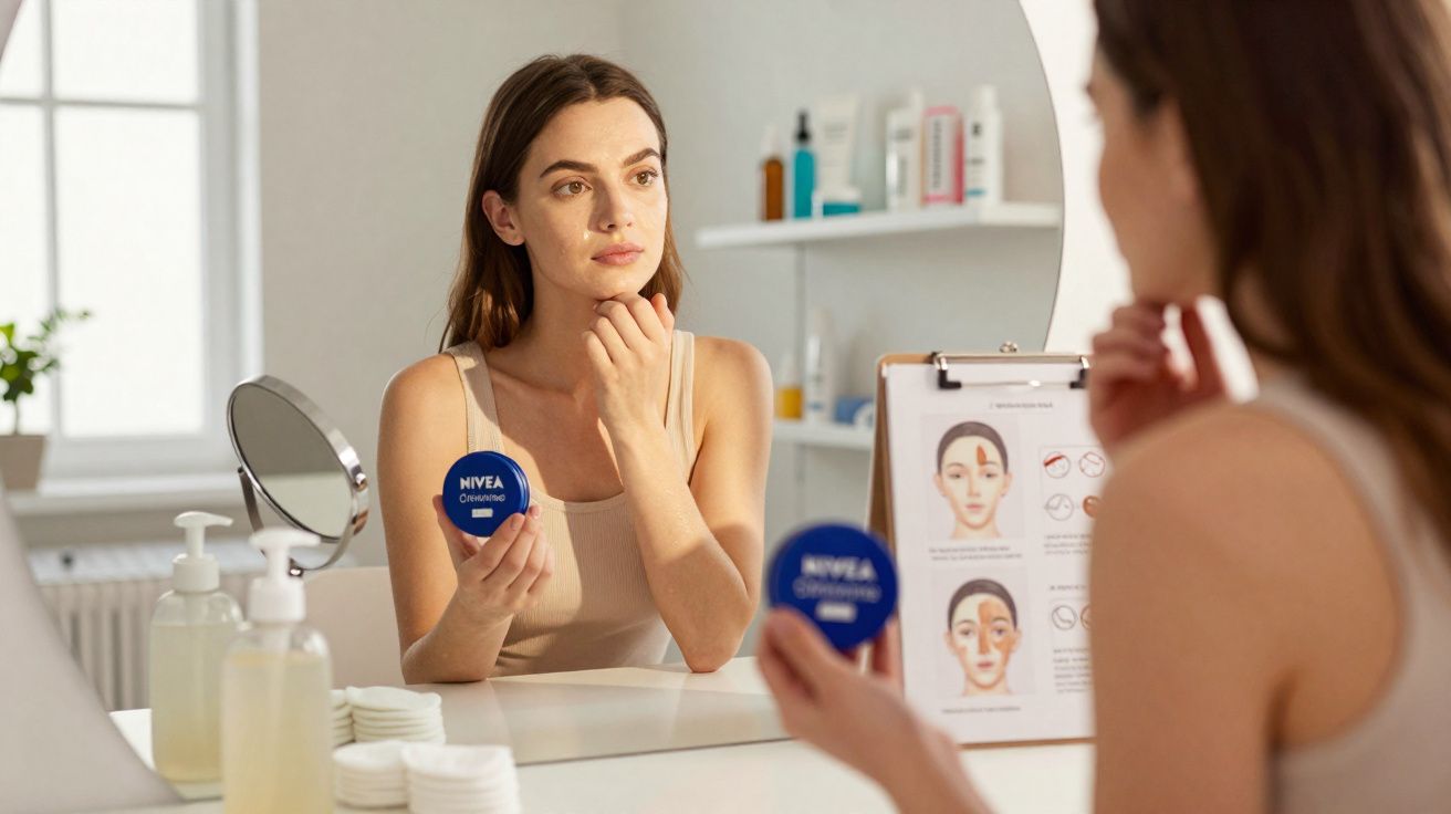 Mulher com regata branca lendo embalagem de creme e segurando caderno em frente ao espelho no banheiro.