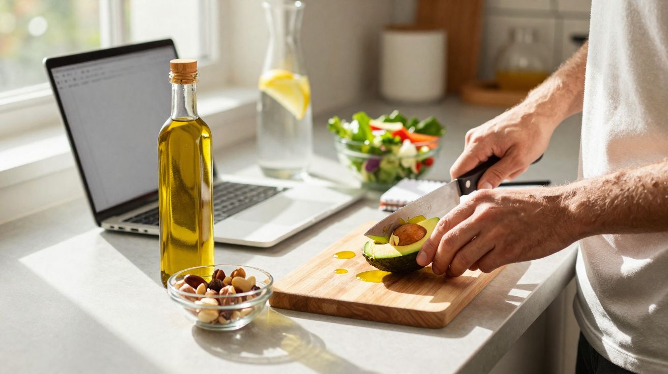 Pessoa cortando abacate na cozinha com laptop, azeite, castanhas e salada ao fundo.