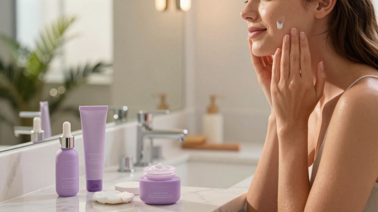 Mulher aplicando creme facial em frente ao espelho com produtos de cuidado da pele lilás no balcão.