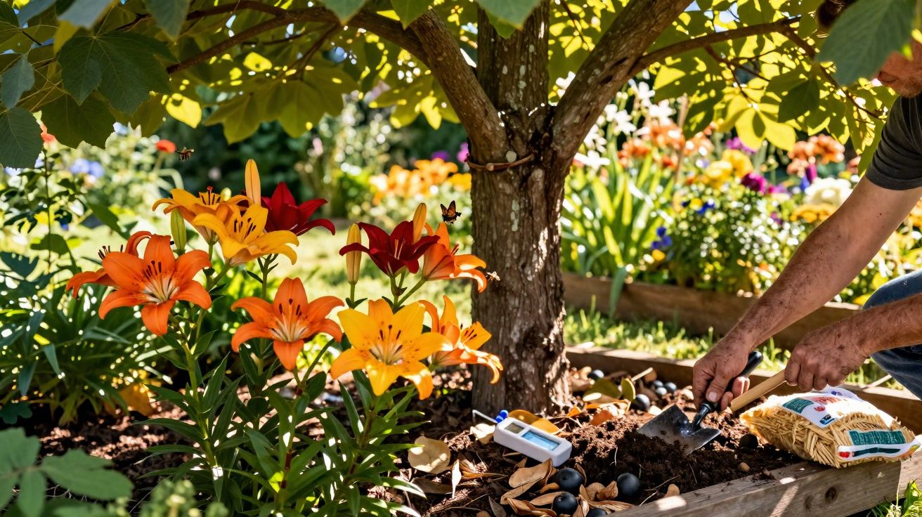 Pessoa cuidando de flores laranjas e vermelhas em canteiro sob sombra de árvore em jardim ensolarado.