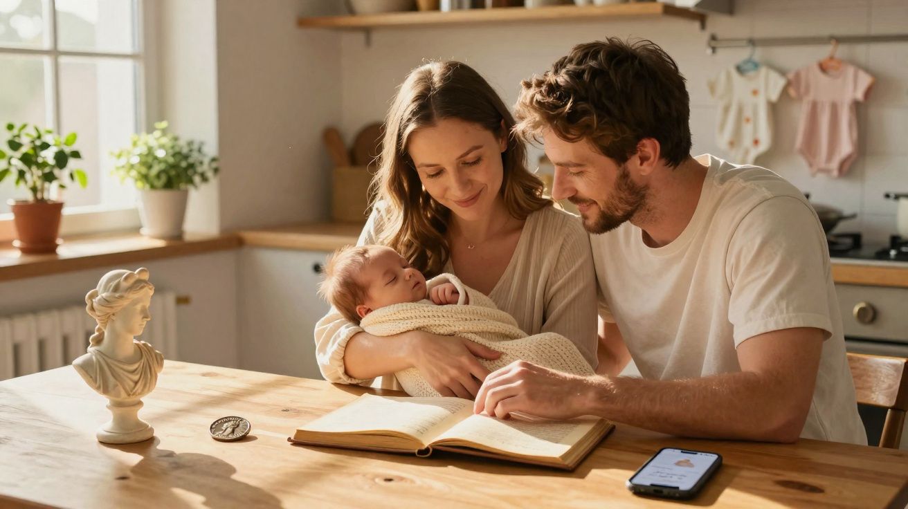 Casal sorridente lendo livro com bebê recém-nascido enrolado em manta em cozinha iluminada.