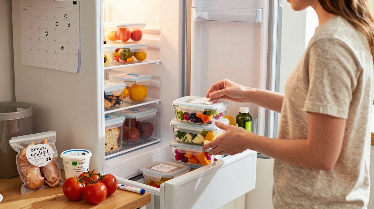 Pessoa organizando potes plásticos com frutas e vegetais dentro da geladeira em cozinha iluminada.