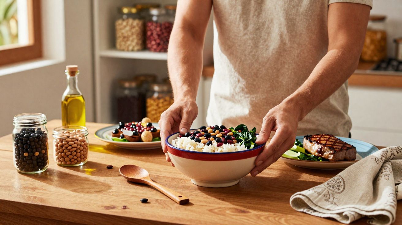 Pessoa segurando tigela com arroz, feijão e legumes na cozinha, com pratos e potes de grãos sobre a mesa de madeira.