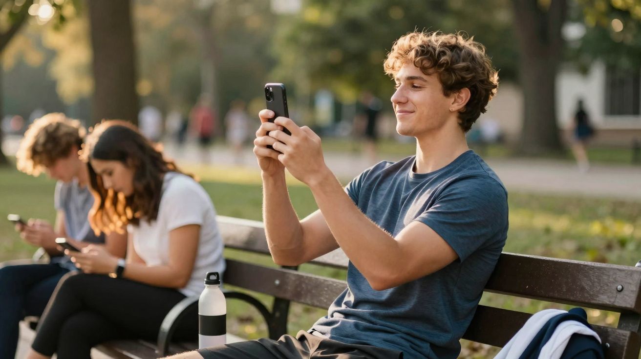 Jovem sorridente sentado em banco de parque tirando selfie com celular ao ar livre.