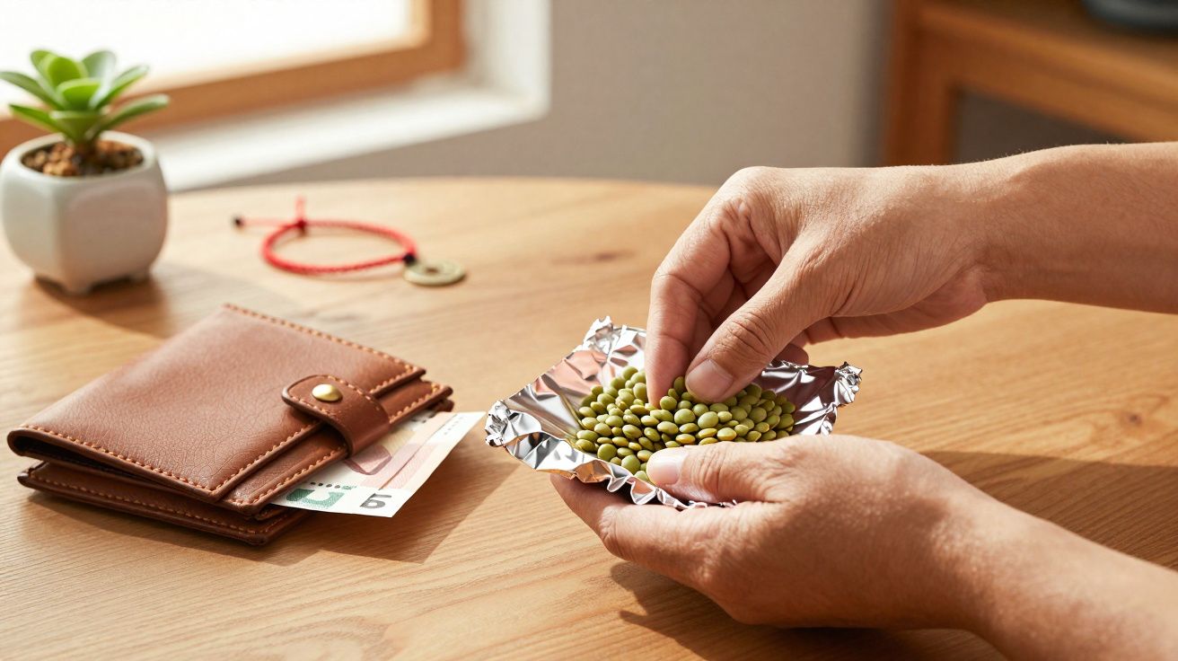 Mãos seguram vagens verdes sobre papel alumínio em mesa de madeira com carteira e planta decorativa ao fundo.