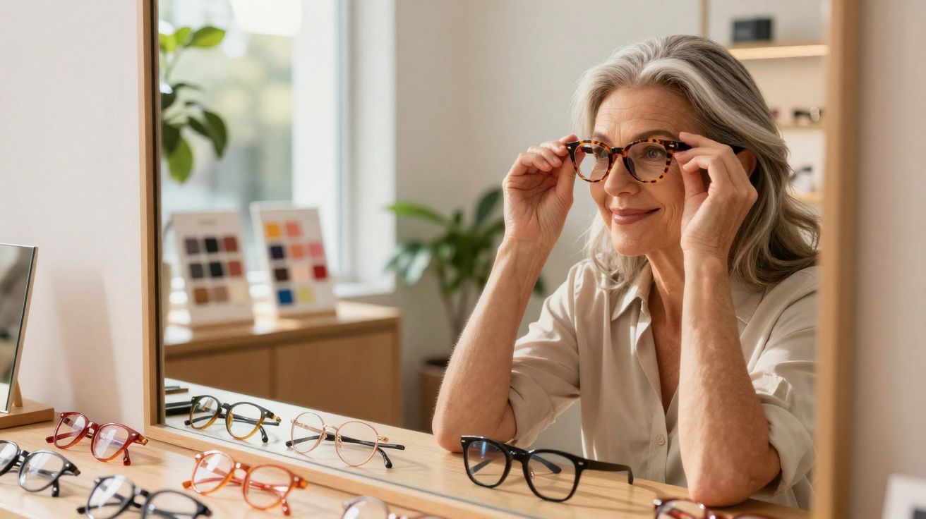 Mulher madura experimenta óculos com armação tartaruga em frente a um espelho em loja de óptica.