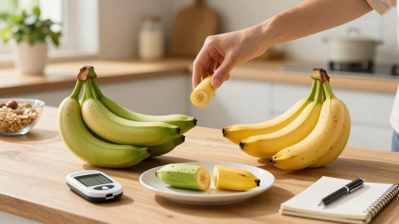 Mão segurando pedaço de banana junto a bananas verdes e maduras e glicosímetro sobre mesa de cozinha.