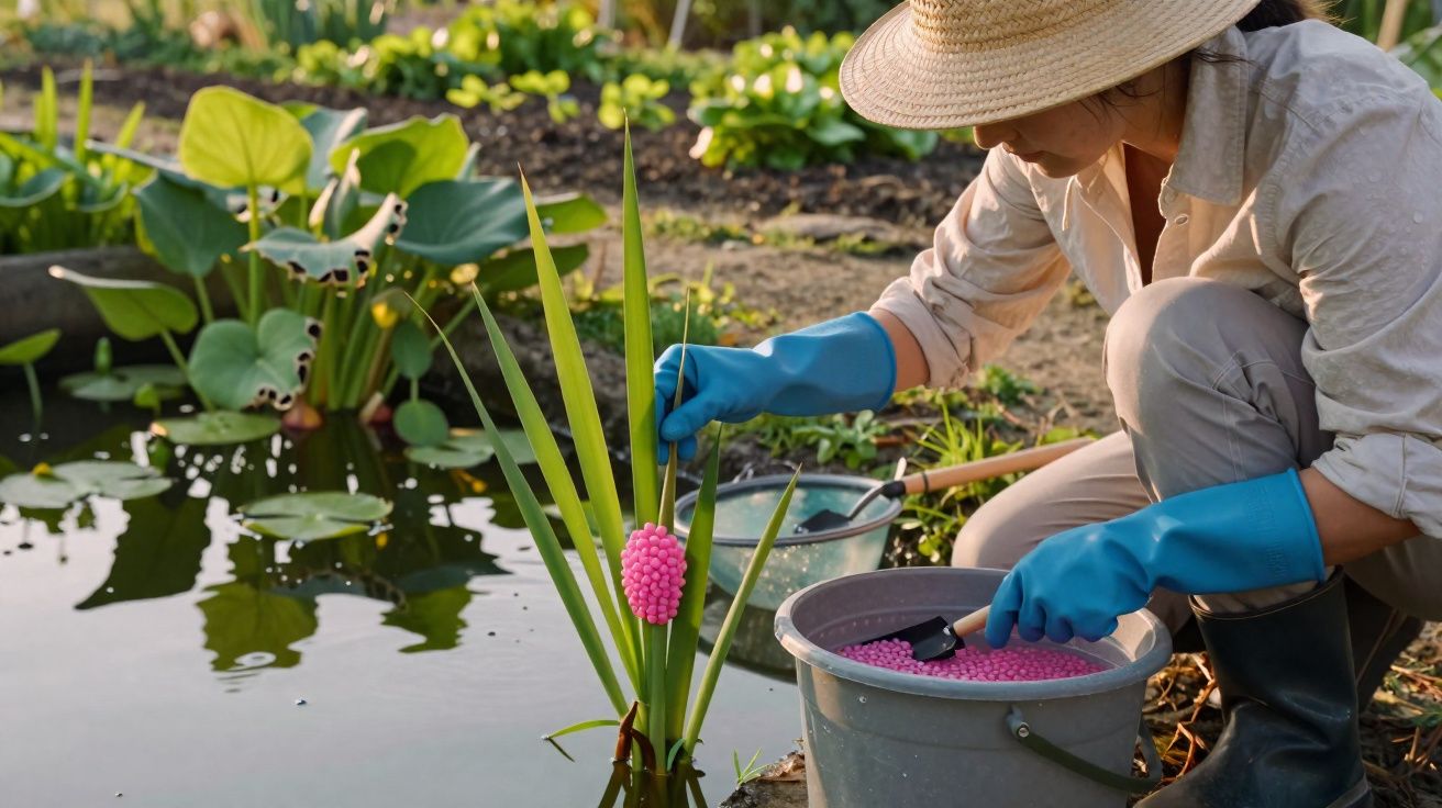 Pessoa com chapéu e luvas azuis aplicando controle biológico em plantas aquáticas perto de um lago.