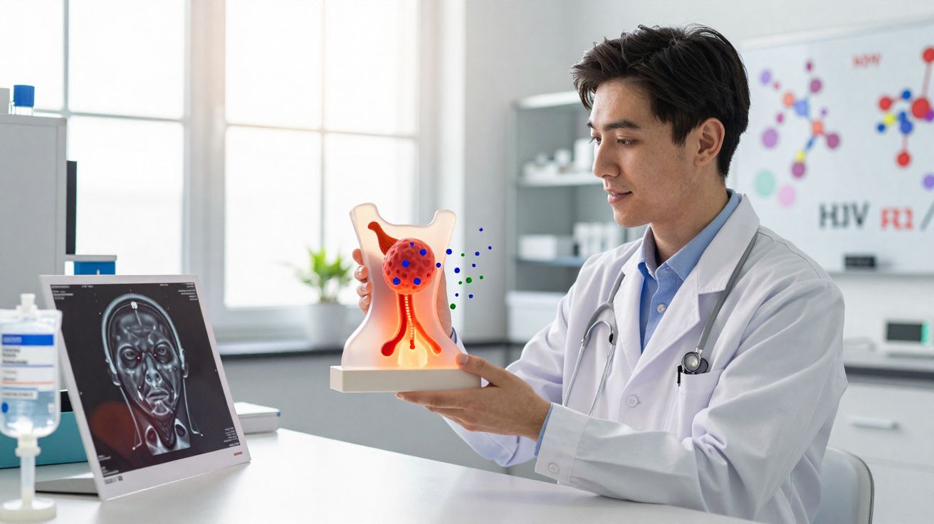 Médico asiático analisando modelo anatômico do trato respiratório em consultório iluminado.