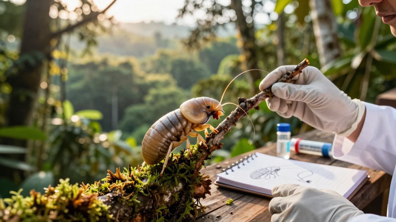 Inseto grande sobre galho sendo estudado por pessoa com luvas em ambiente de pesquisa ao ar livre.