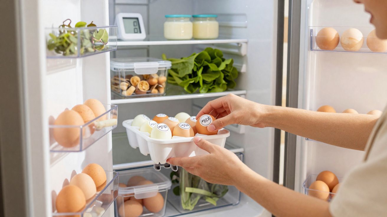Pessoa guardando ovos em geladeira organizada com verduras, nozes e potes plásticos transparentes.