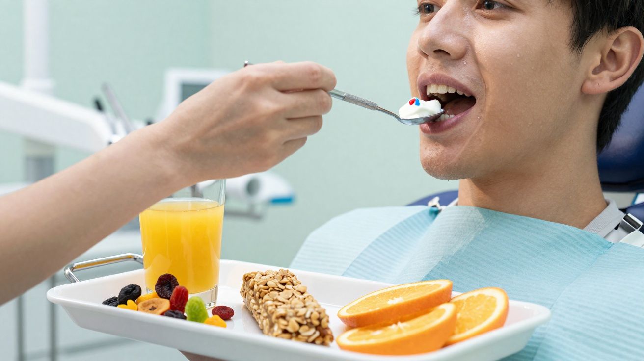 Pessoa recebendo colherada de iogurte com frutas em consultório odontológico com bandeja de café da manhã.