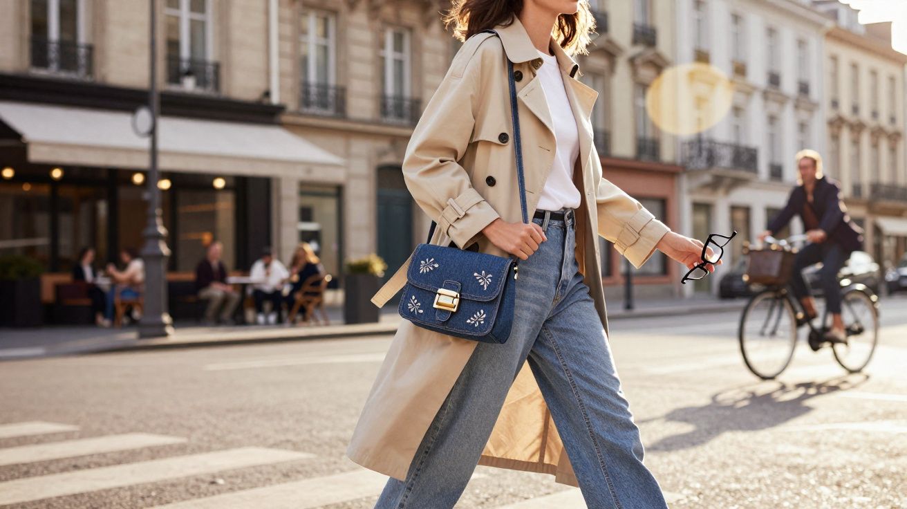 Mulher de sobretudo bege, jeans e bolsa azul caminhando em faixa de pedestre na cidade ao entardecer.