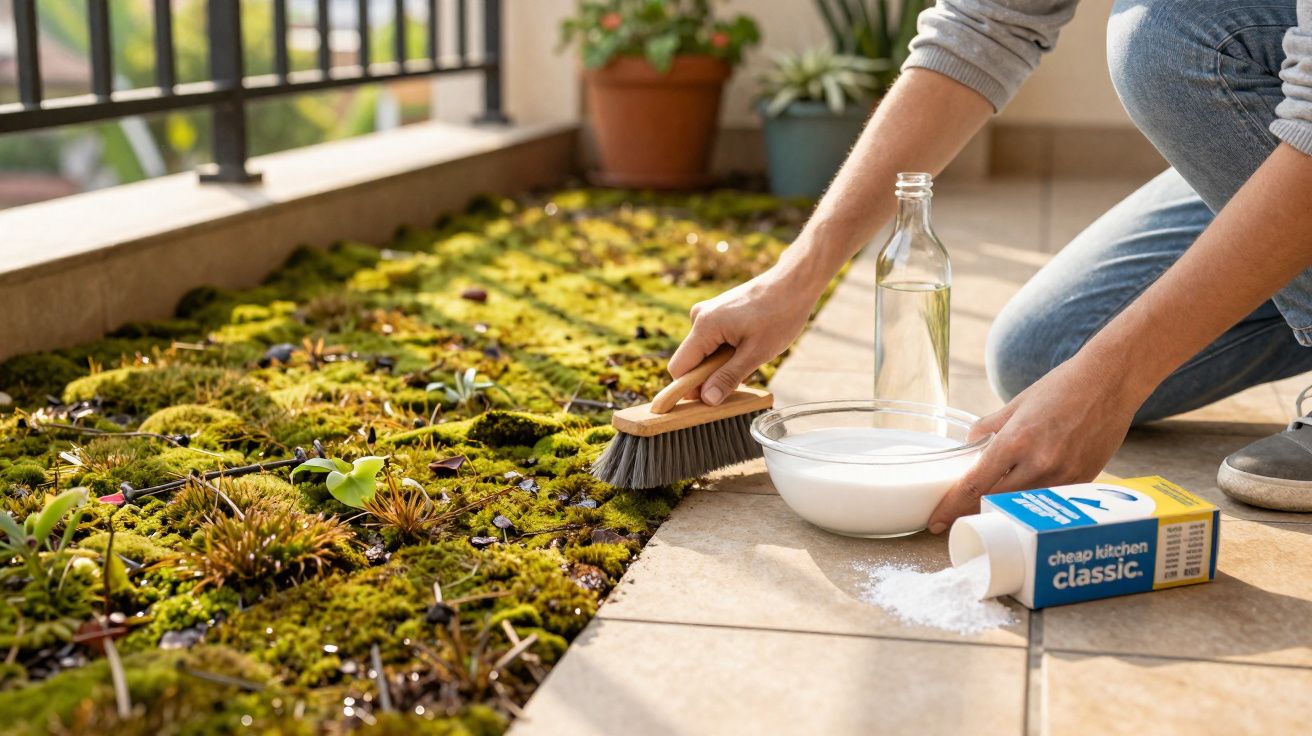 Pessoa limpando musgo em chão externo com escova, bicarbonato e vinagre em garrafa transparente.
