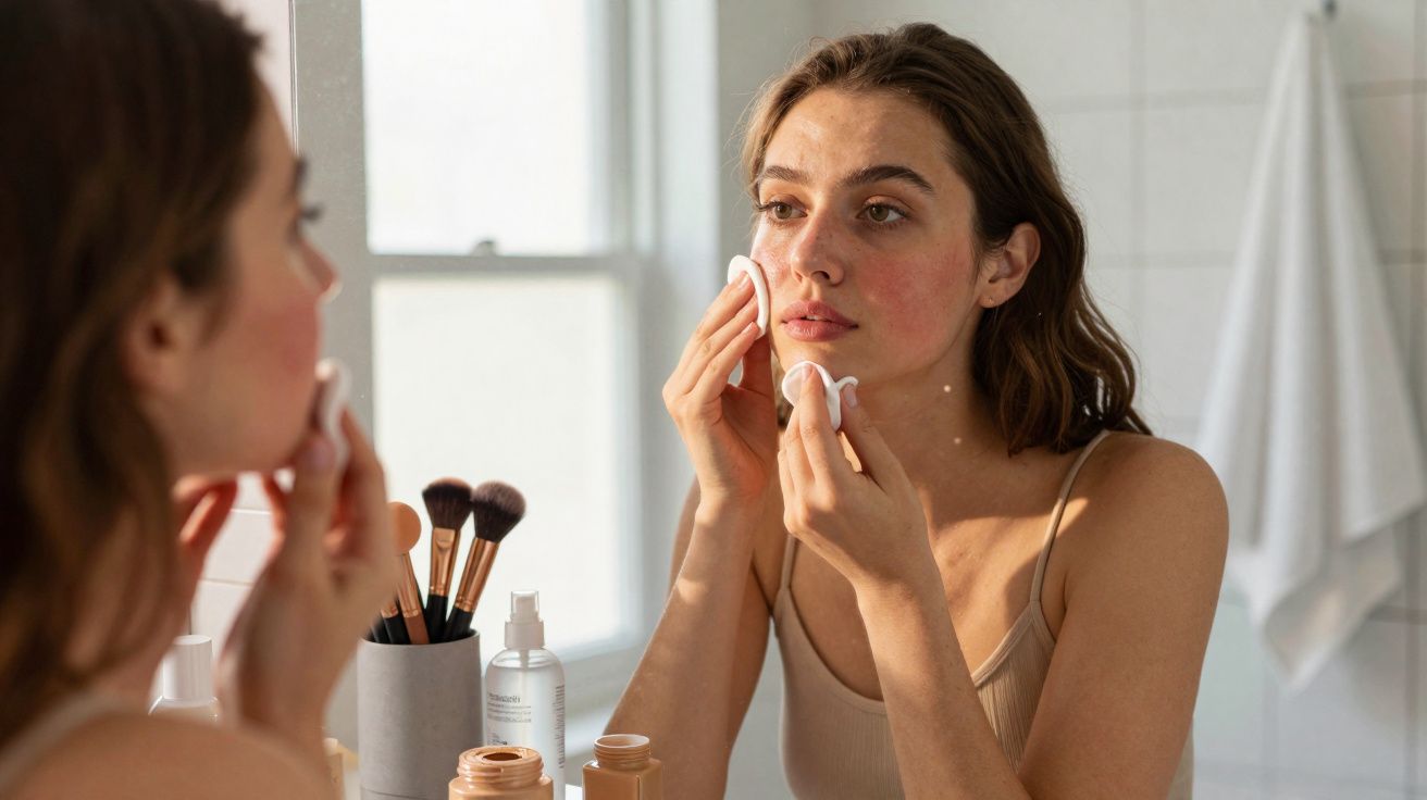 Mulher removendo maquiagem com algodão no rosto em frente ao espelho do banheiro.