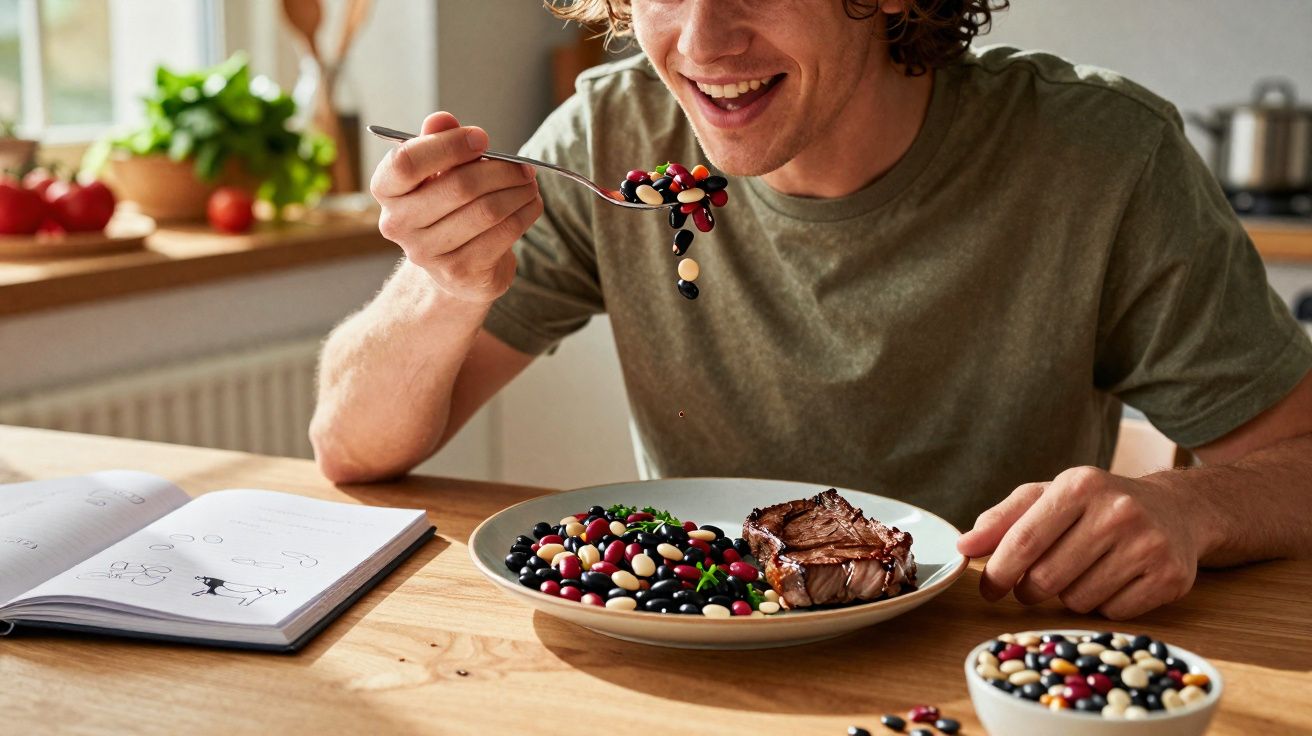 Homem sorrindo comendo feijão colorido e bife sentado à mesa com caderno aberto ao lado.