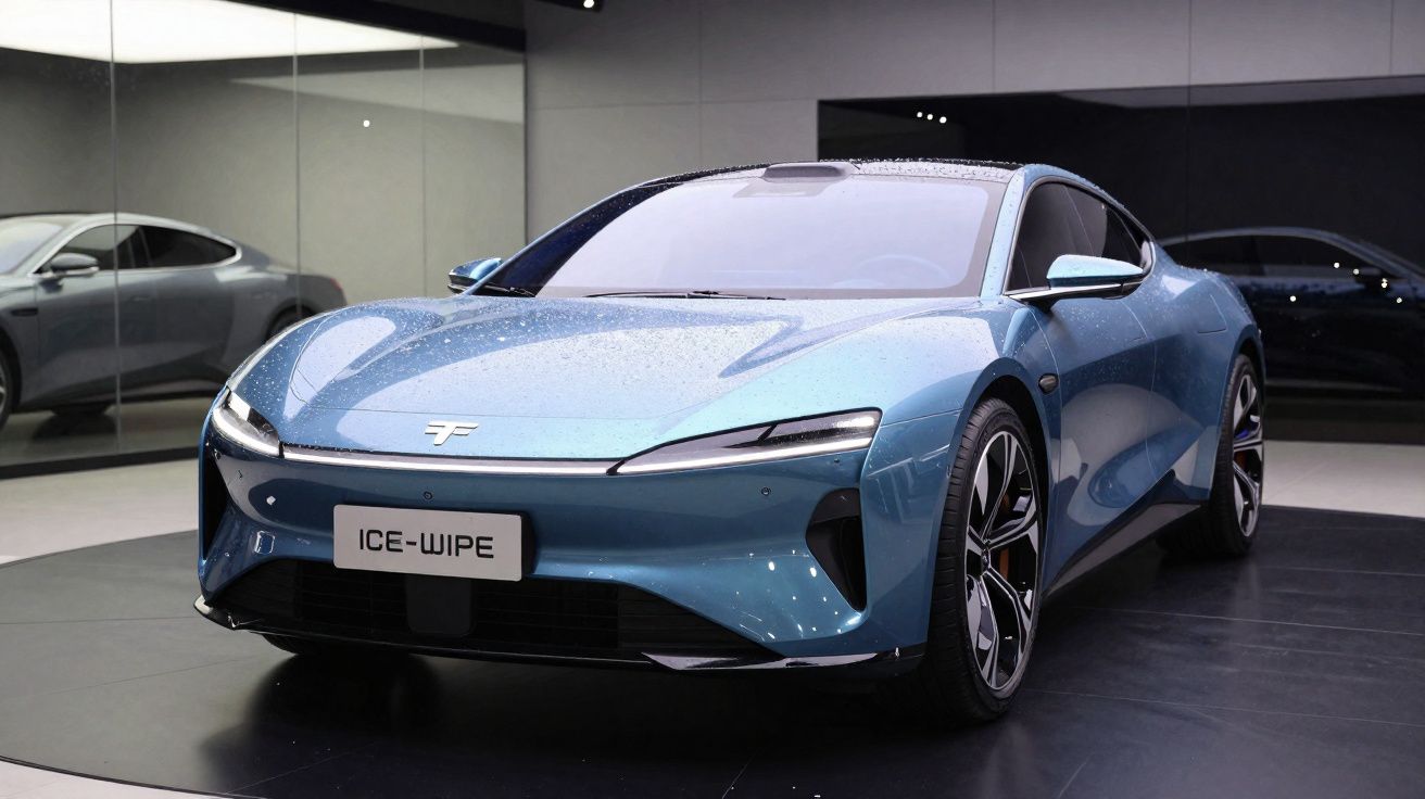 Carro esportivo azul claro com design futurista exibido em salão automotivo, modelo ICE-WIPE.