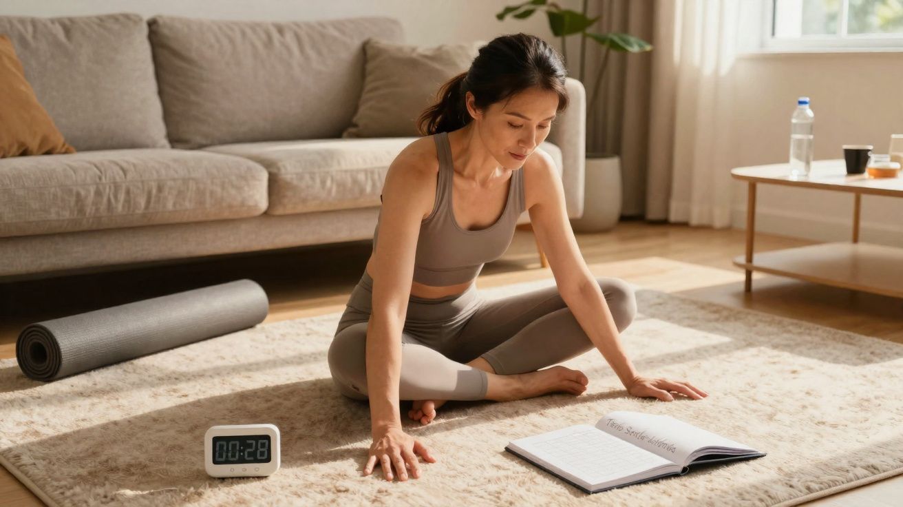 Mulher praticando yoga sentada no tapete, lendo livro, perto de relógio e tapete enrolado na sala.