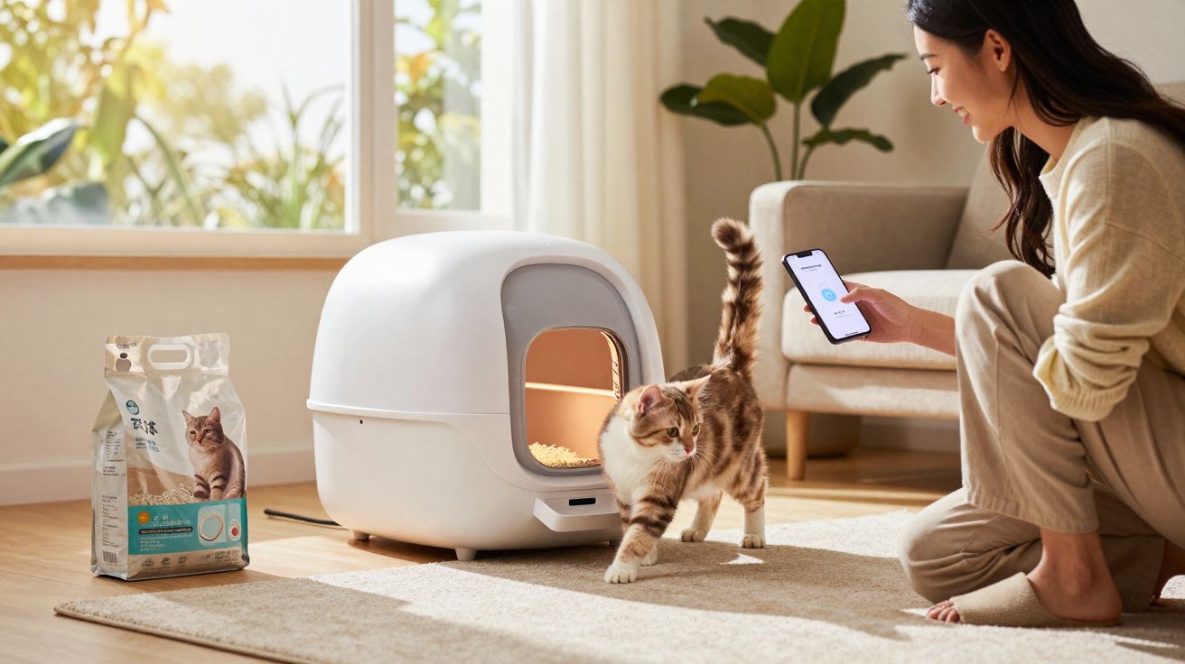 Mulher usa celular para controlar caixa de areia automática enquanto gato sai dela em sala iluminada.