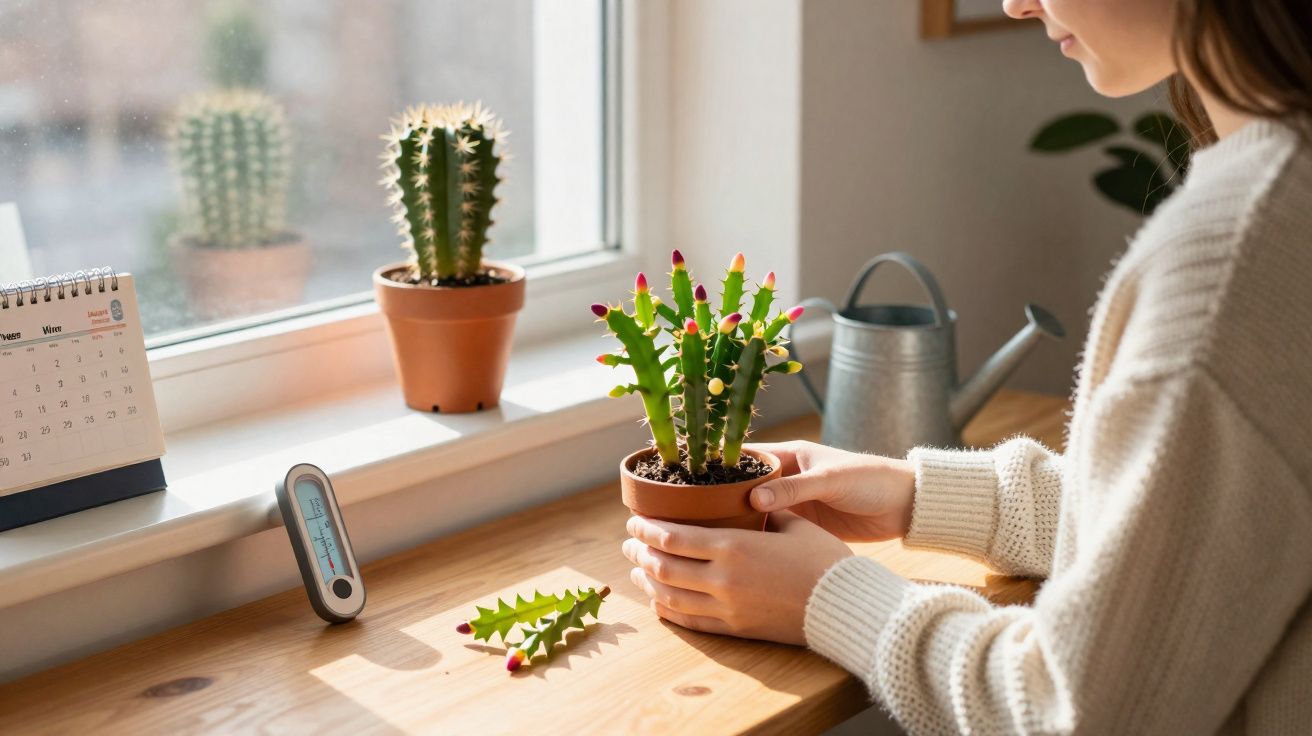 Pessoa cuidando de cacto em vaso sobre mesa próximo a janela com regador e outros cactos ao fundo.