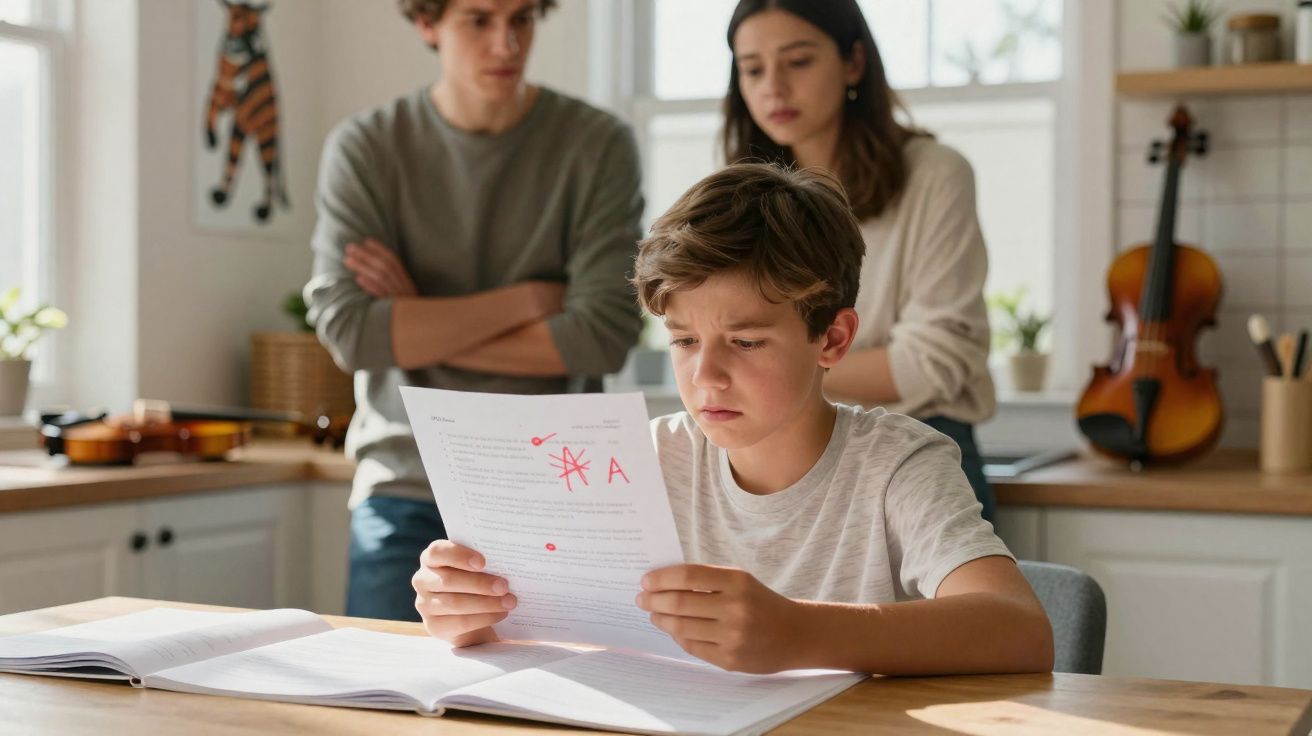 Menino preocupado olhando prova com nota A enquanto dois adultos observam ao fundo na cozinha.