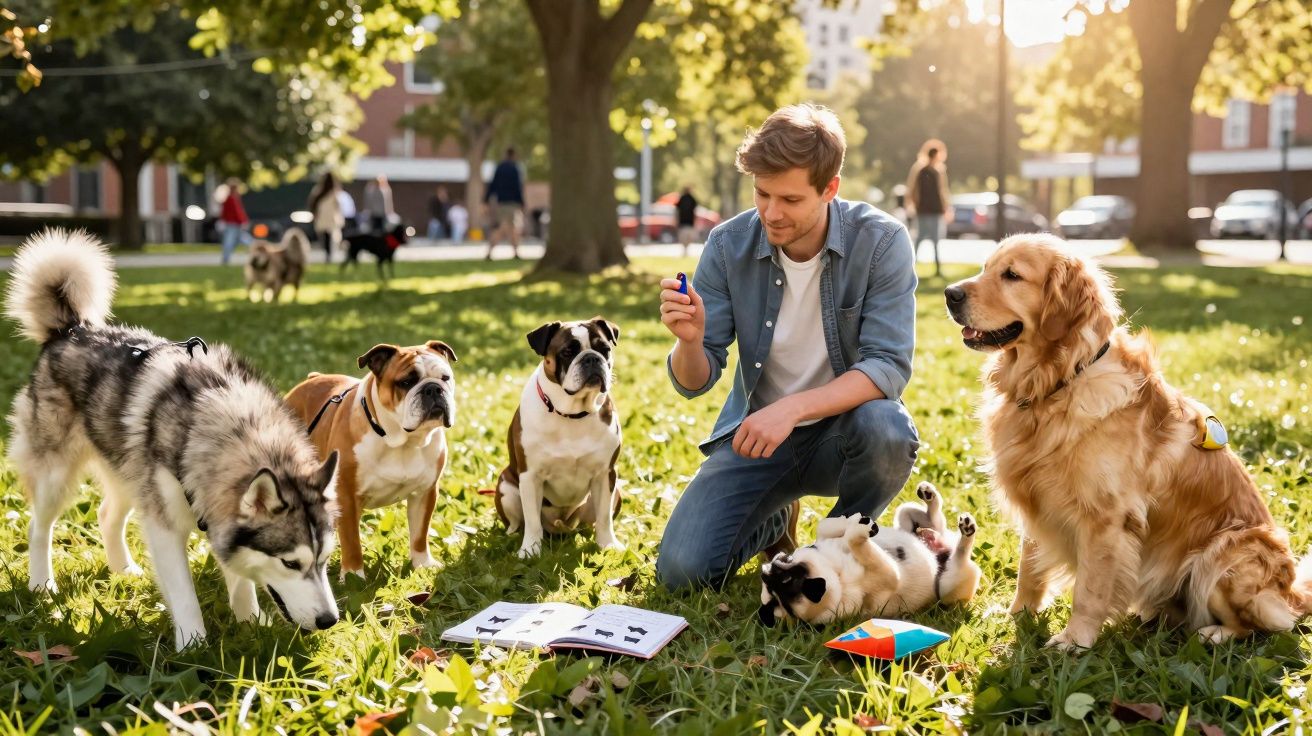 Homem treinando cinco cachorros em um parque ensolarado com livro e brinquedos no chão.