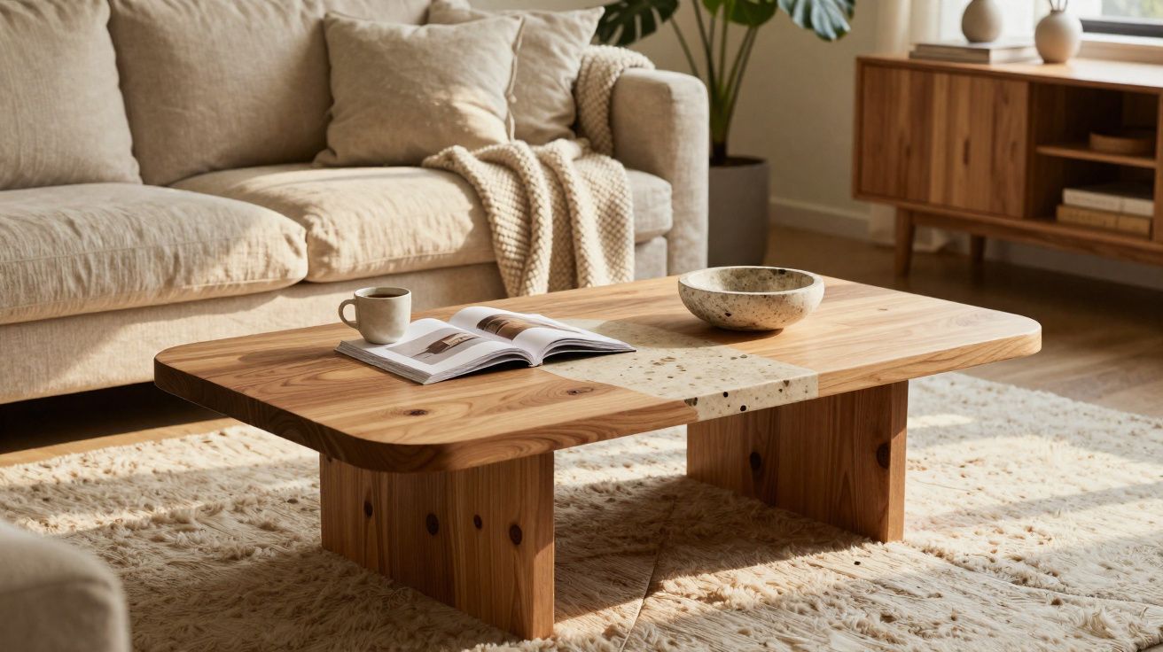 Sala de estar com sofá bege, manta, mesa de centro de madeira com livro, xícara e tigela decorativa.