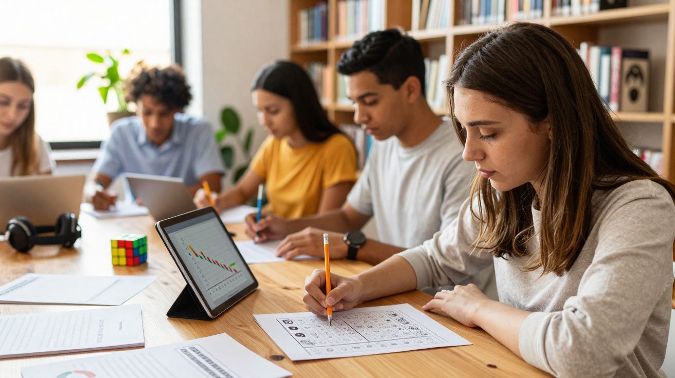 Jovens concentrados estudando em grupo, com tablet e materiais de papel na mesa em ambiente de biblioteca.
