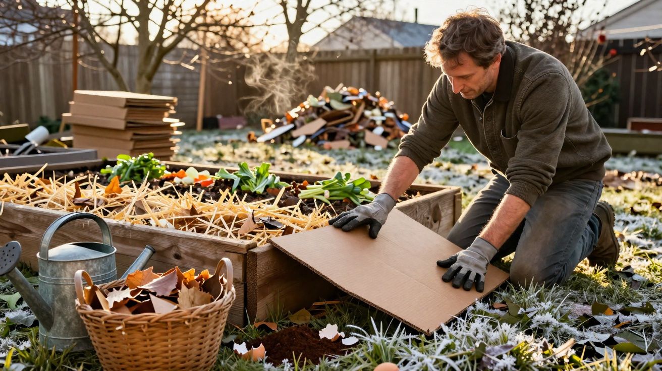 Homem cuidando de jardim com caixa de papelão e cesta de folhas em área externa com mato e plantas.