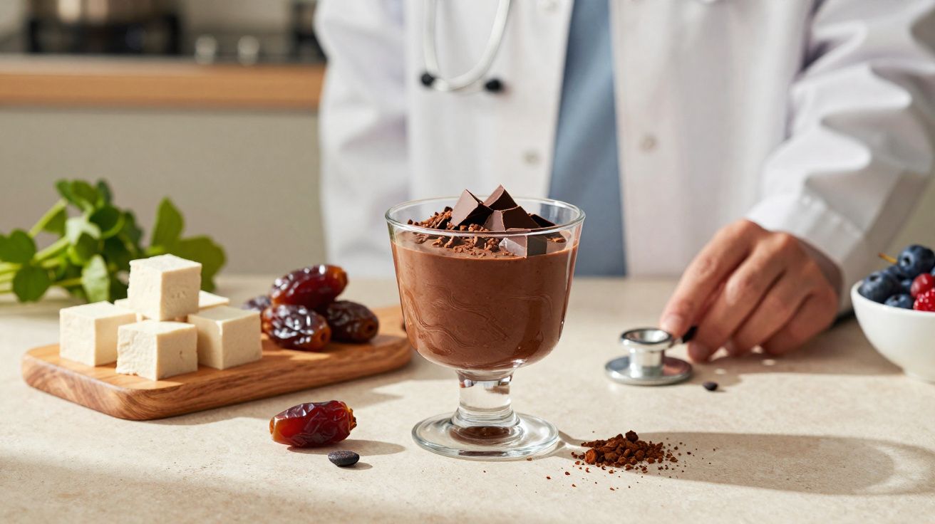 Taça de mousse de chocolate com pedaços de chocolate, tâmaras, cubos de tofu e médico ao fundo.