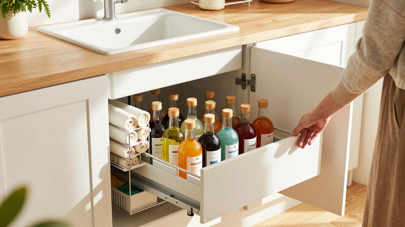 Gabinete de cozinha com gaveta aberta mostrando garrafas coloridas organizadas e toalhas enroladas.