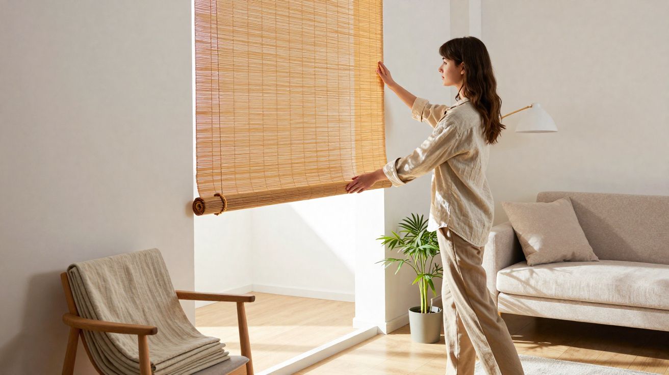 Mulher abrindo persiana de bambu em sala moderna com sofá, planta e poltrona de madeira.