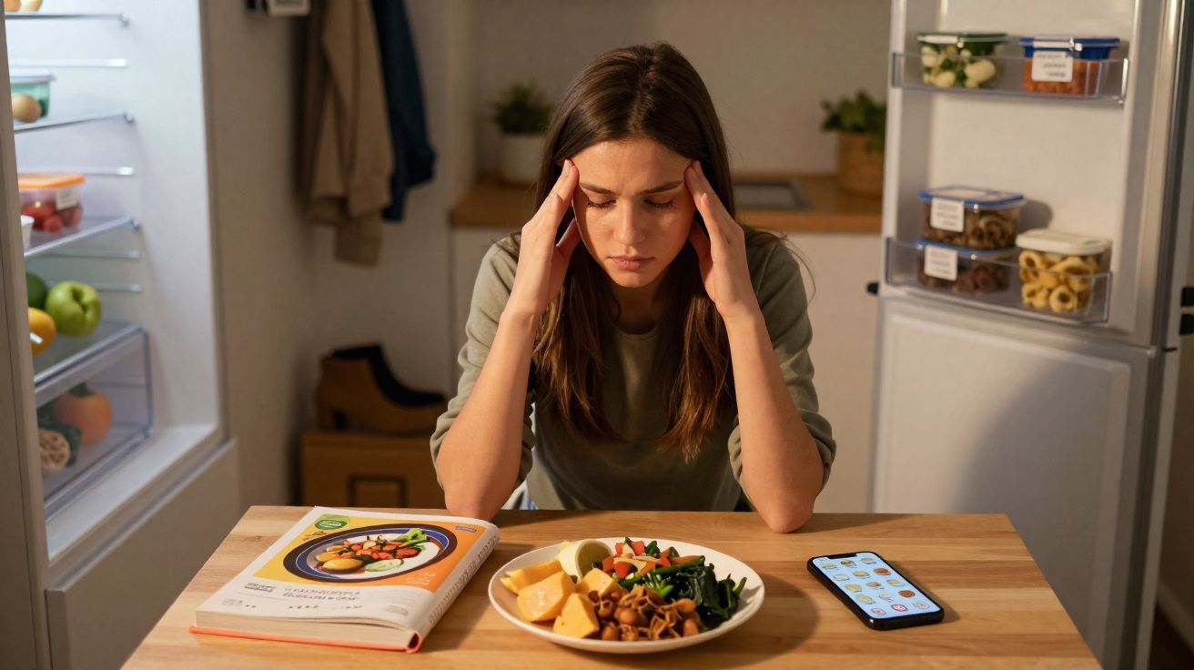 Mulher sentada à mesa olhando frustrada para um prato de comida saudável, com livro de receitas e celular.