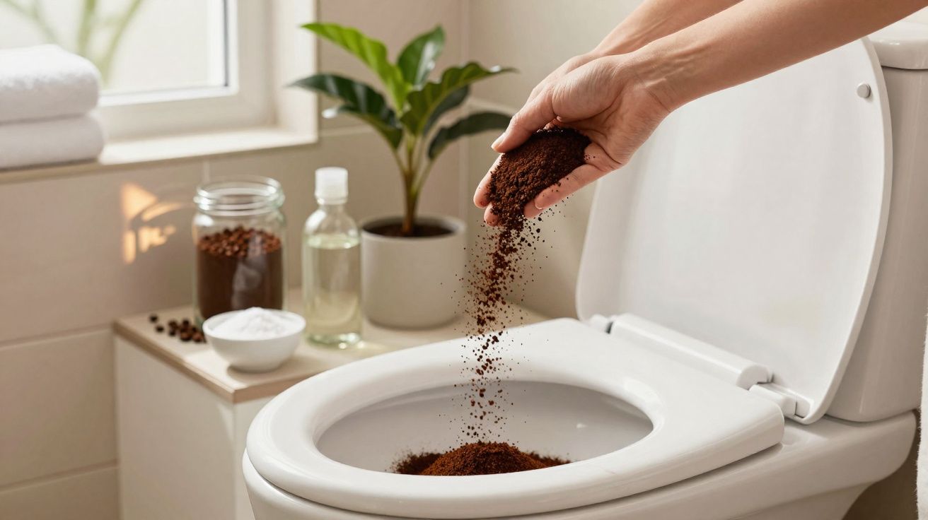 Pessoa despejando pó de café usado dentro de vaso sanitário em banheiro iluminado.