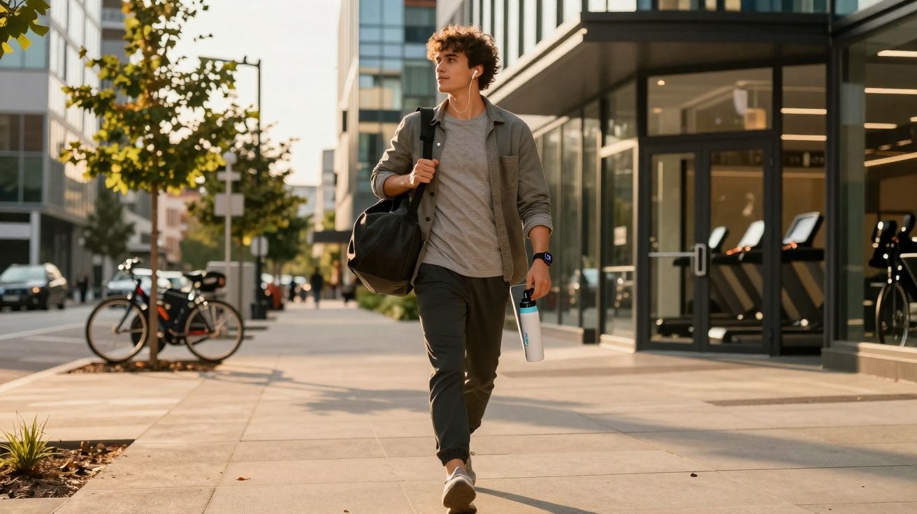 Jovem caminhando na calçada urbana com mochila, garrafa reutilizável e fones de ouvido brancos.