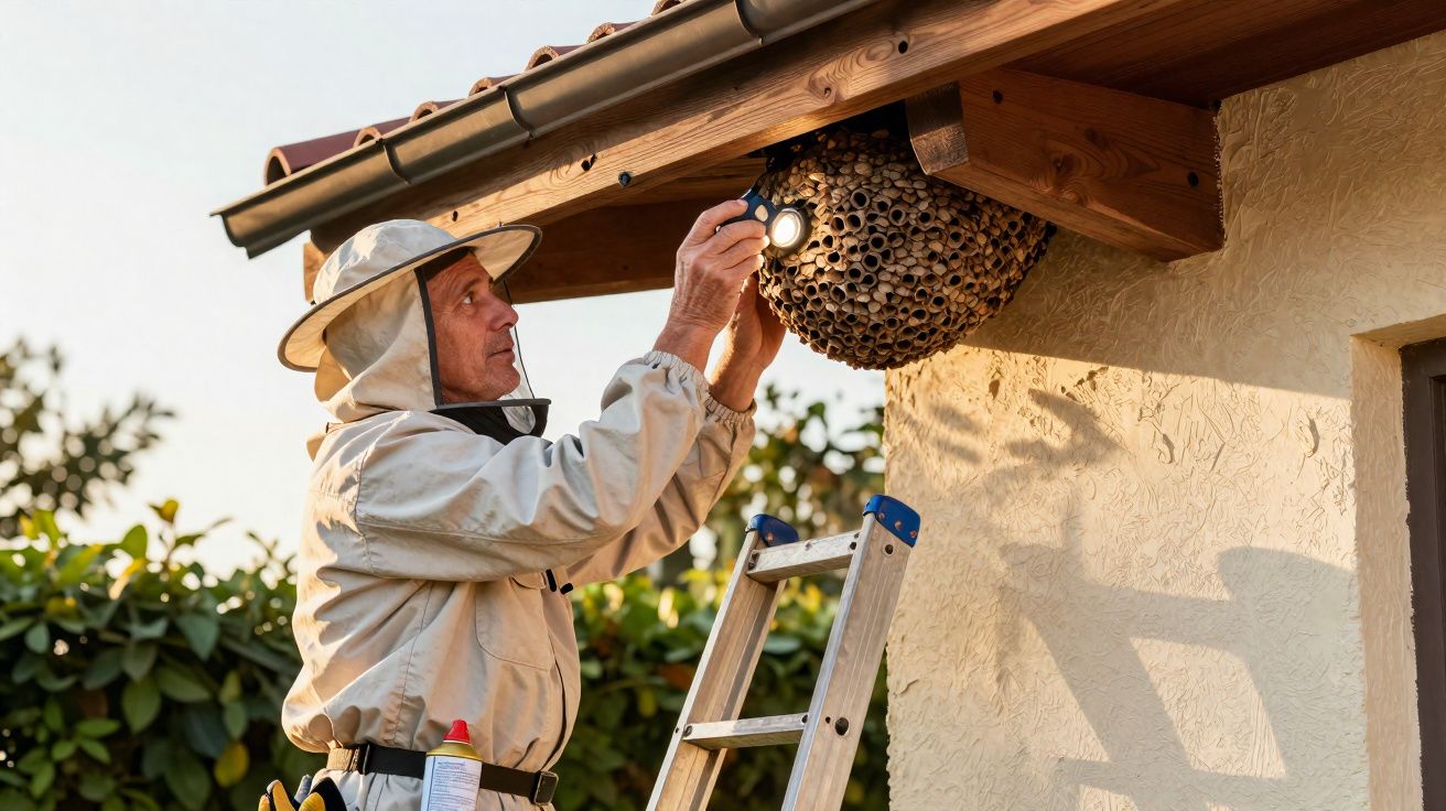 Apicultor com roupa de proteção inspecionando colmeia artificial sob beiral de telhado.
