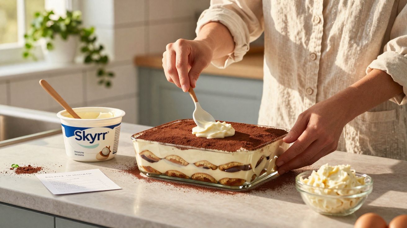 Pessoa decorando tiramisu com creme em cozinha clara, com potes de Skyr e chantilly na bancada.