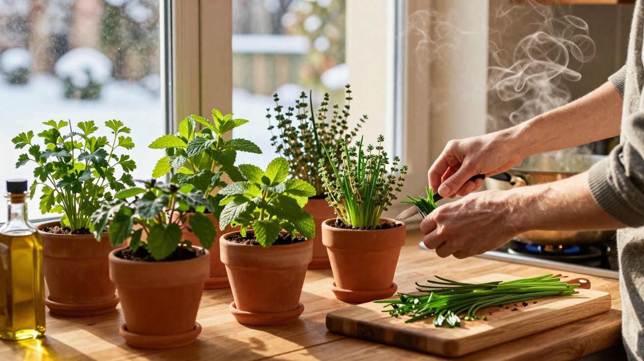 Pessoa colhendo ervas frescas em vasos de barro sobre mesa de madeira perto da janela iluminada.