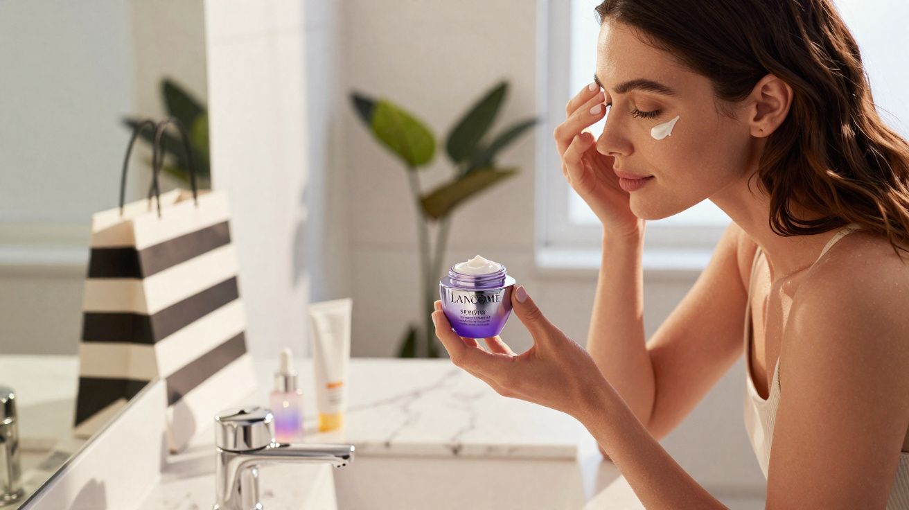 Mulher aplicando creme facial em frente ao espelho em banheiro iluminado, segurando pote roxo da Lancôme.
