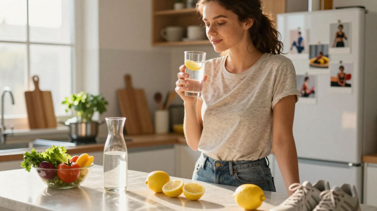 Mulher segurando copo de água com limão na cozinha, com frutas e tênis sobre a bancada.
