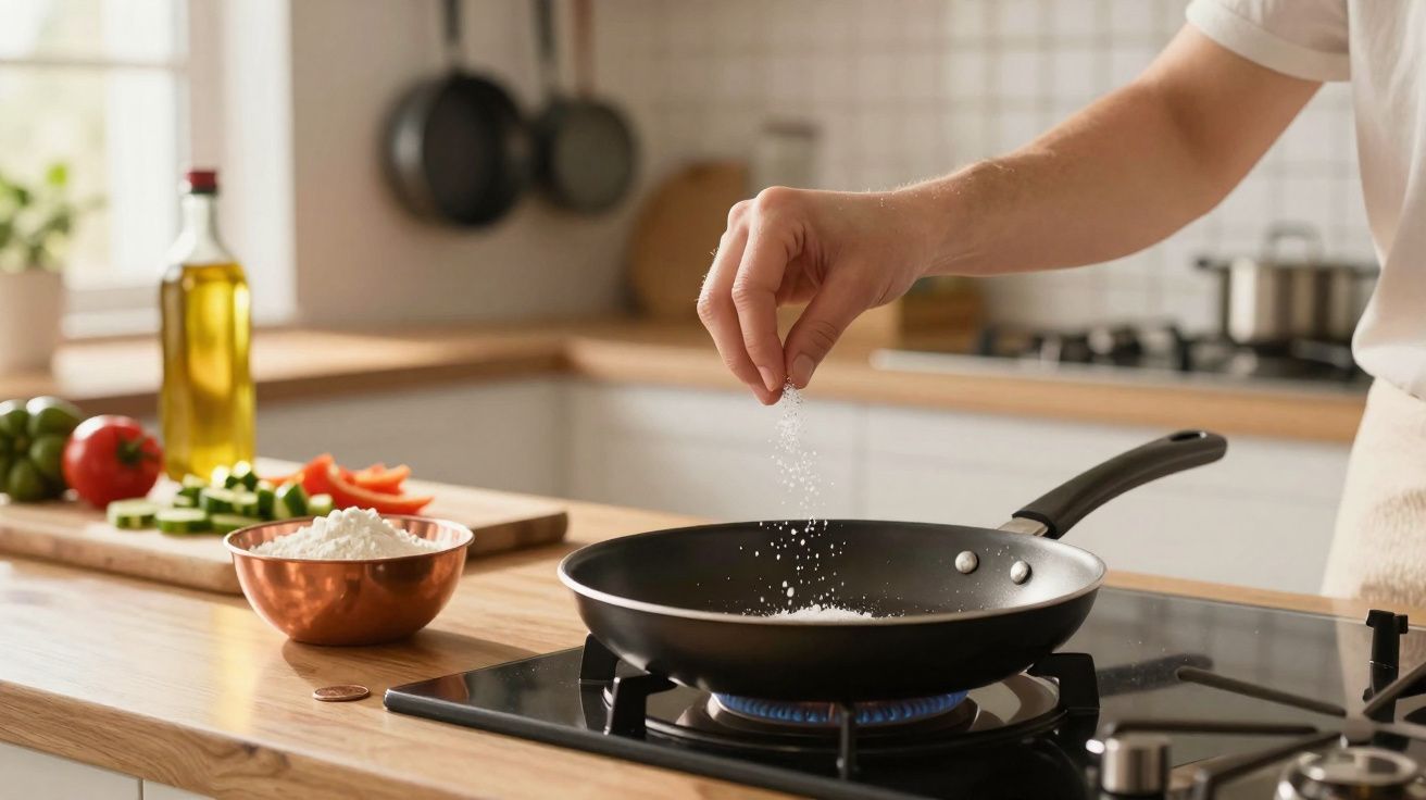 Pessoa salpicando sal em frigideira sobre fogão a gás em cozinha iluminada e organizada.