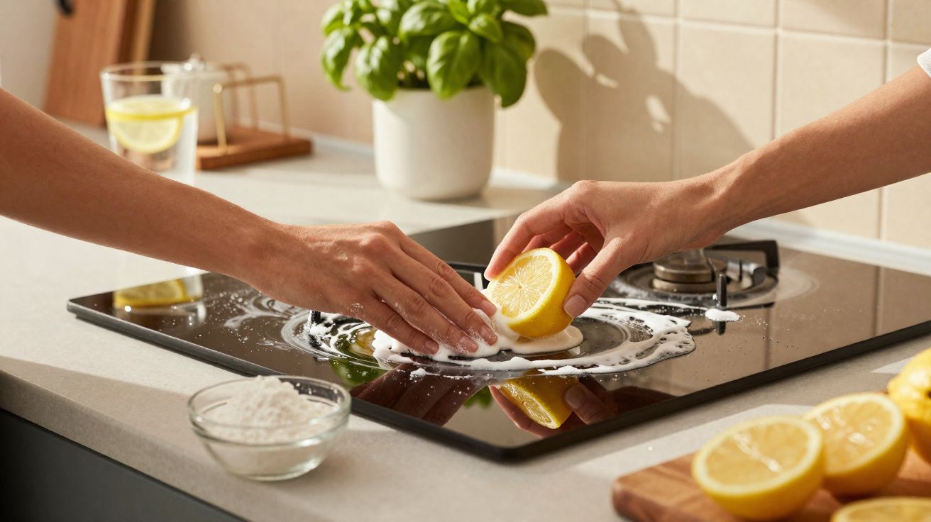 Duas mãos limpando o fogão com limão e bicarbonato de sódio, ao lado de limões fatiados e um copo com água e limão.