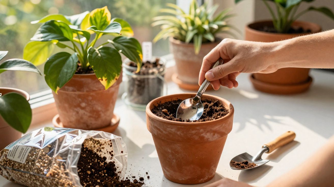 Pessoa usando colher para preparar terra em vaso de cerâmica com plantas ao fundo em janela ensolarada.