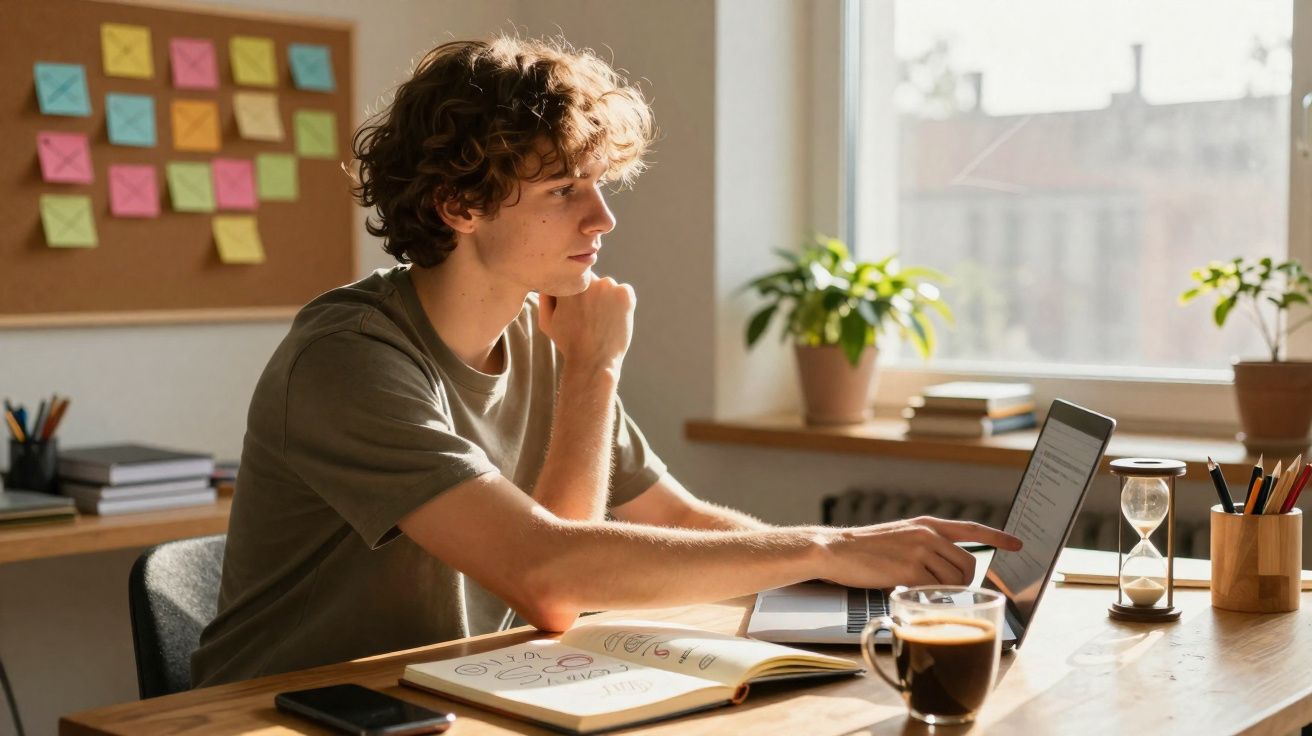 Jovem com expressão pensativa estudando em mesa com notebook, caderno, café e ampulheta perto da janela iluminada.