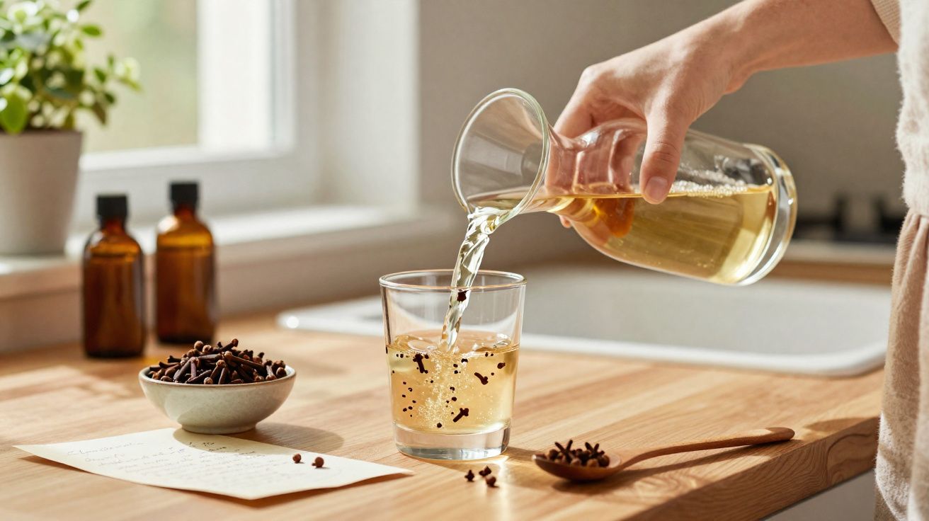 Pessoa derramando chá com cravos em copo sobre bancada de madeira clara em cozinha iluminada